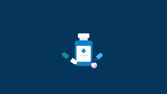 Pharmaceutical medicine bottles and capsules on blue background