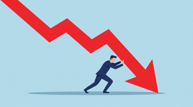 Businessman pushing against falling red arrow, recession and economic downturn concept, stock market crash, financial crisis illustration, vector