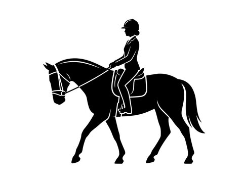 Equestrian horse rider silhouette, professional dressage athlete on stallion vector, black horse riding icon for sporting events and club logos