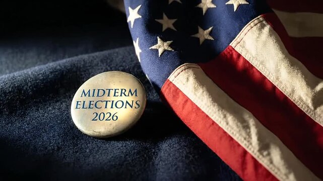 USA Midterm Elections 2026 campaign button next to an American flag on dark textured fabric in dramatic close-up.