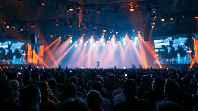 Massive auditorium filled with eager people watching dynamic speaker under dramatic stage lighting with glowing screens