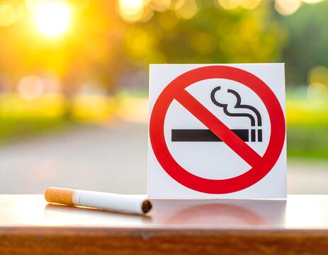 No Smoking Sign and Cigarette Against a Sunny Outdoor Background, Representing Health Warnings and Public Policy