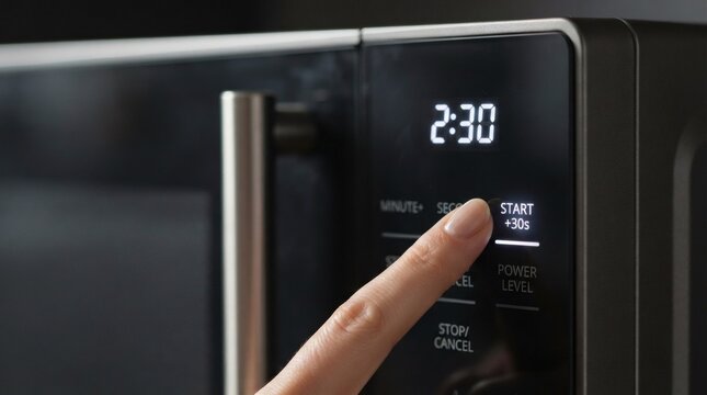 Finger pressing start button on microwave control panel