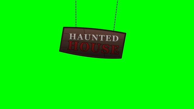 A spooky animated wooden sign swinging like a pendulum blown by the wind, featuring 'Haunted House' text on a chroma key green background.