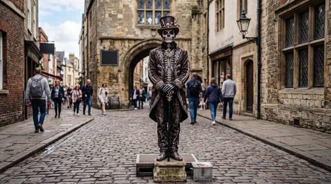 A street performer dressed as a skeleton in a top hat and ornate suit stands still on a cobbled street, entertaining pedestrians in a historic European town