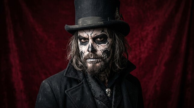 Grinning skeleton face of a man in a Victorian top hat against a dark red velvet curtain with gothic and macabre Halloween atmosphere