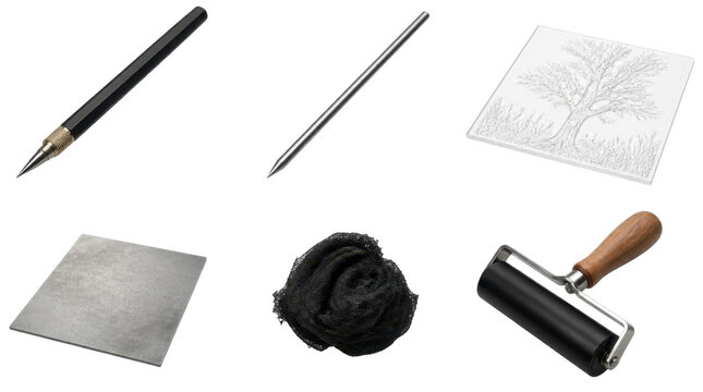 Isolated set of engraving and printmaking tools including scraper, stylus, stencil, plate, ink ball, and roller for art
