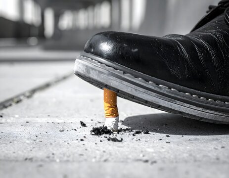 A black leather shoe crushing a lit cigarette butt on the ground, symbolizing the end of smoking