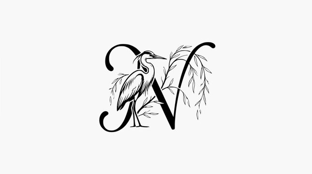 Elegant Heron Bird and Willow Branches with Vintage Letter N Monogram