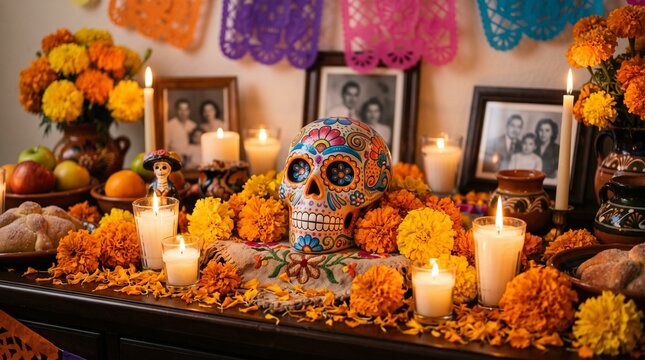colorful sugar skull surrounded by marigold flowers, lit candles, fruit offerings and framed family photos on a traditional mexican altarpiece
