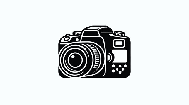 Black silhouette of a digital single lens reflex camera on a white background