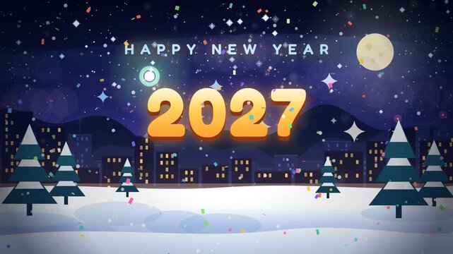 Happy New Year 2027 Celebration Greeting Animation with Falling Snow and Cityscape