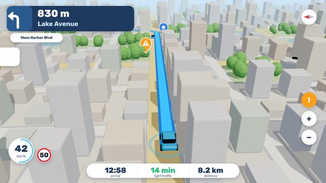GPS Navigation Map Animation with Car Driving Through 3D City Streets