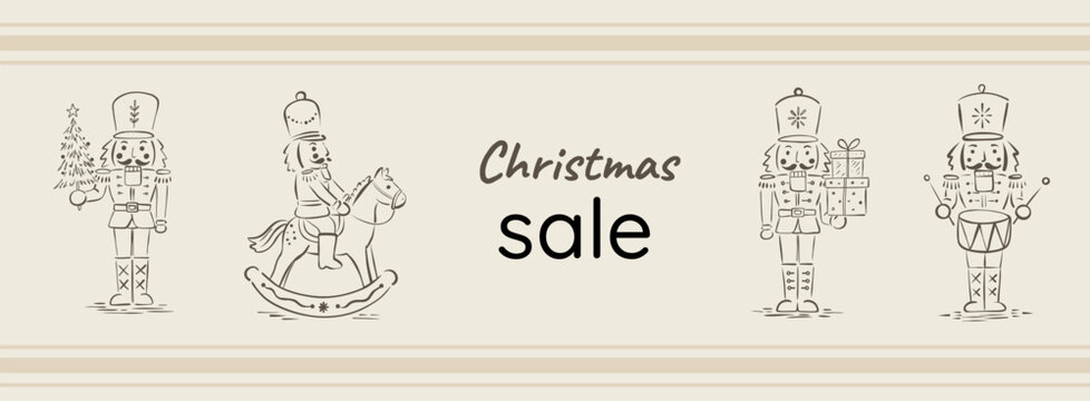 Christmas sale banner featuring vintage nutcracker soldiers, a rocking horse, a gift box, and a drum. Scandinavian-style line art on a beige striped background with elegant Christmas sale lettering, s