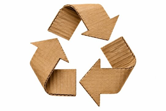 Handmade recycling symbol from folded brown corrugated cardboard isolated on white for eco conscious packaging designers, waste reduction, reuse, and environmental conservation