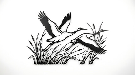 Naklejka premium Flying cranes metal wall art silhouette above reeds on white wall
