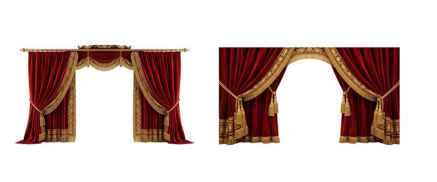 Two sets of luxurious red velvet curtains with gold fringe isolated on transparent background