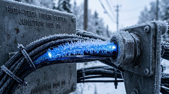 Frozen fiber optic cable junction box in winter
