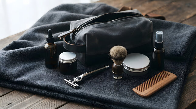 Travel toiletry bag opens to reveal a collection of grooming tools and skincare bottles on wood.