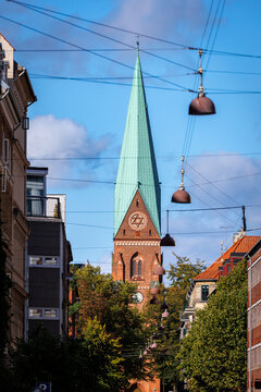 Tower of Church of Holy Cross in Copenhagen city, Denmark