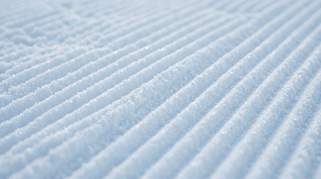 Close-up of groomed snow texture on a ski slope. Fresh winter piste with parallel corduroy ridges