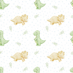 Watercolour seamless pattern with cute dinosaurs in neutral pastel colors. Repeating background for baby textiles and wallpaper. Backdrop for kids © Elena