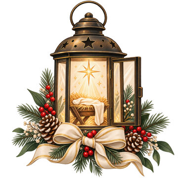 Holy Bible with vintage lantern burning candle pine branches, PNG illustration for Christmas holiday card worship, sublimation, isolated on transparent background