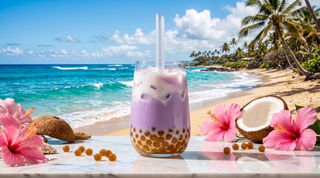 Refreshing purple taro bubble milk tea with tapioca pearls served on marble with coconut and hibiscus at a tropical sunny beach.