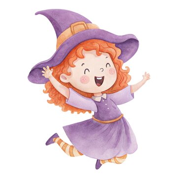 Cute watercolor illustration of a friendly little red-haired witch girl jumping with joy isolated