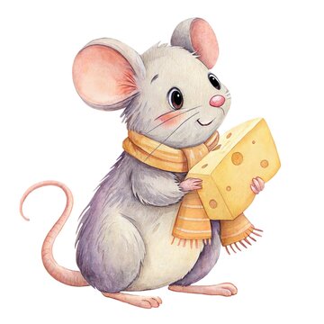 Cute watercolor illustration of a friendly little grey mouse holding cheese isolated