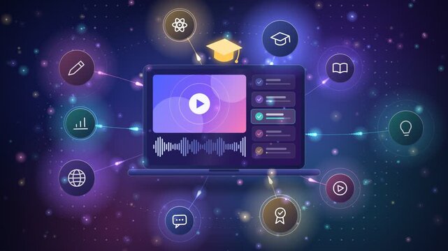 Animated laptop surrounded by educational icons representing online learning concepts
