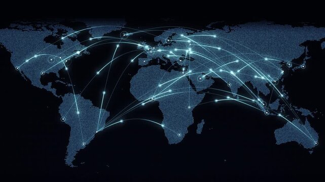 Flat dotted world map with electric blue data arcs linking major cities, seamless loop