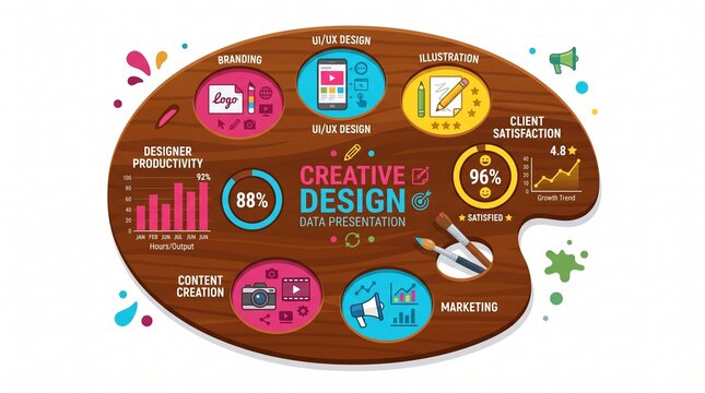 Creative design services infographic showcasing productivity metrics