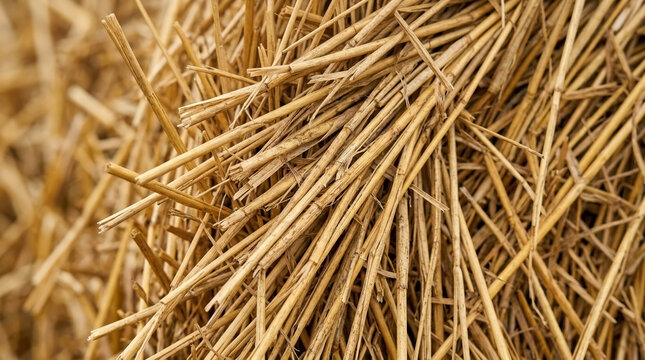 Close-up of dried golden hay stalks. Natural agricultural straw texture and rural farming background