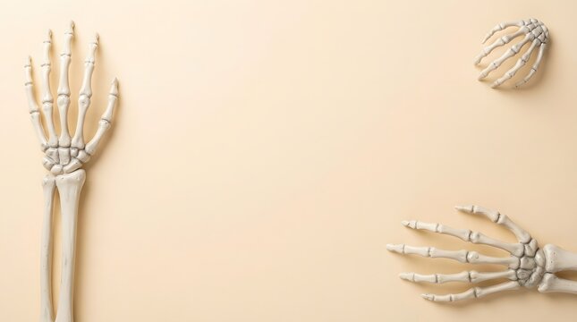 A spooky halloween scene featuring realistic 3d rendered skeleton hands against a neutral beige background perfect for digital designs