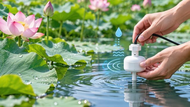 Water quality sensor monitoring device testing in lotus flower pond environment for ecological environmental research