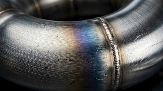 Close-up of curved stainless steel exhaust pipe with weld joint. Brushed metal texture showing heat discoloration. Automotive engineering and industrial fabrication background