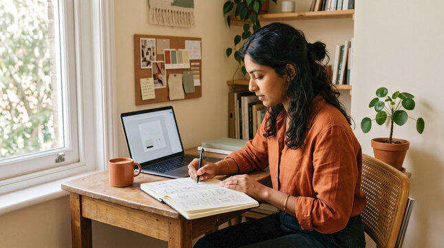 South Asian woman sketching in notebook at wooden desk. Creative designer working on laptop in home office. Focused idea development and planning concept