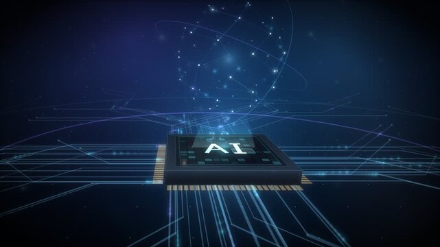 Artificial Intelligence Processor Chip with Glowing Data Streams and Global Network