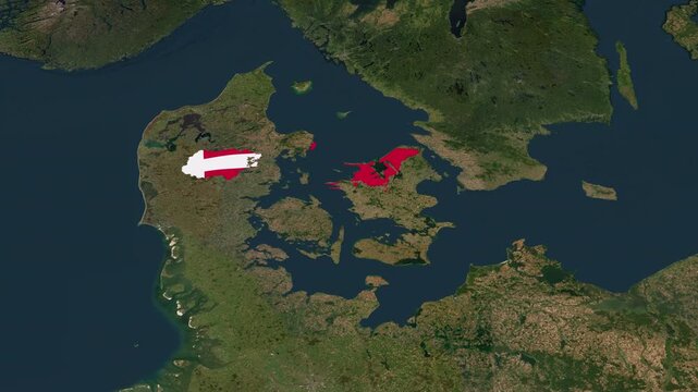 Satellite map animation of Denmark with zoom in and zoom out, moving clouds, growing ink-shape waving flag of the country, white outline indicating the border. Concept for broadcast, social media. 