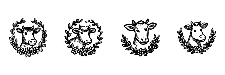 Fototapeta premium Cow Heads With Floral Wreaths Hand Drawn Doodle Icon Set. Decorative Cow Portraits Sketch Symbol Collection. Rustic Farm And Agriculture Design. Isolated Vector Illustration