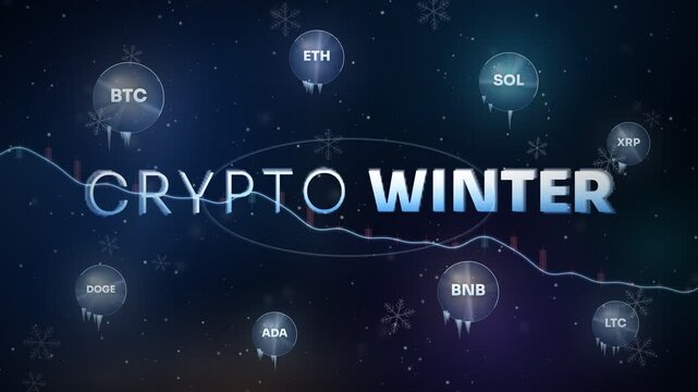 Cryptocurrency winter market crash concept with falling prices and frozen coins
