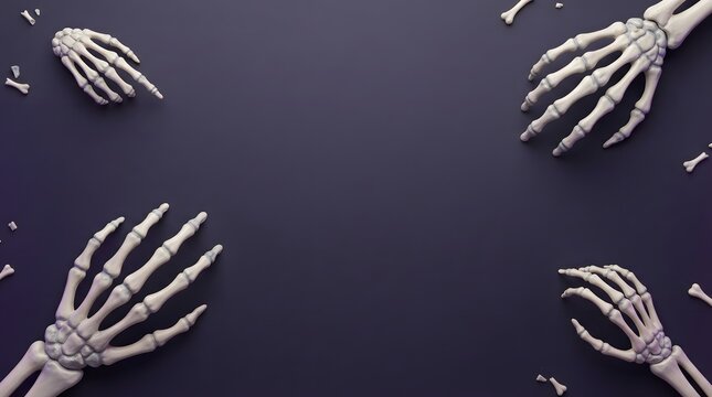 Spooky halloween composition realistic 3d render of four skeleton hands on a dark purple background with subtle sparkles