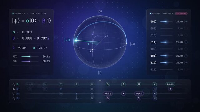 Quantum computing qubit state vector and Bloch sphere interface animation loop