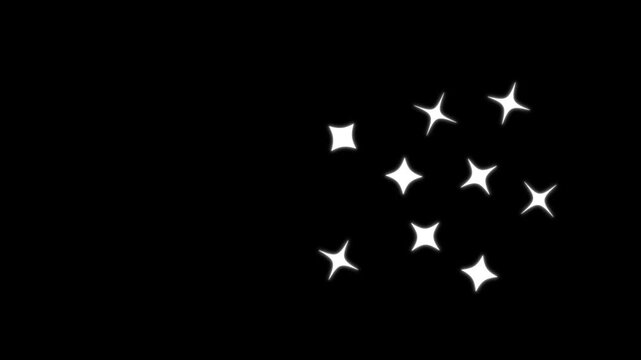 Bright star twinkle animation with shimmering sparkle, glowing glitter particles, white flat vector doodle stars, magical fairy dust burst and luminous night sky effect on black background, 4k loop