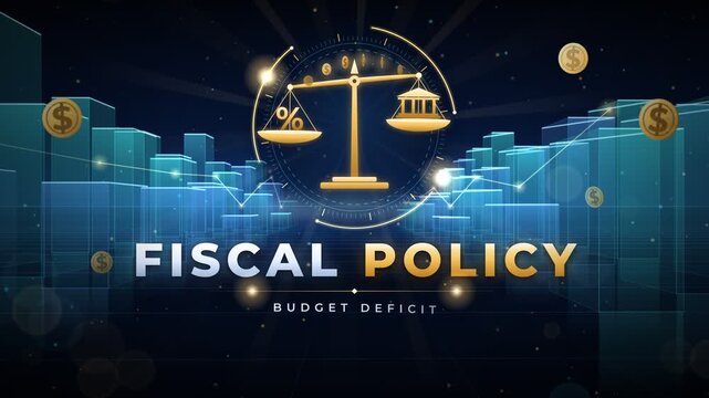 Fiscal policy and economic concepts motion graphics with glowing scales and city background