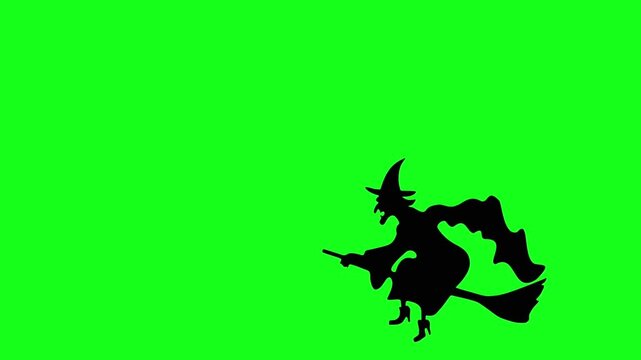 Halloween witch silhouette flying on broomstick animation against chroma key green screen background for video keying