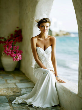 Elegant Woman in White Dress by the Greek Seaside &ndash; AI Generative &ndash; No Real Person