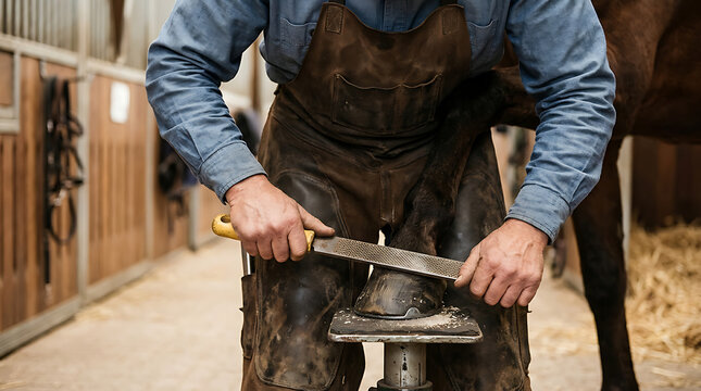 Skilled farrier using a metal rasp to shape a horse hoof inside a rustic wooden stable