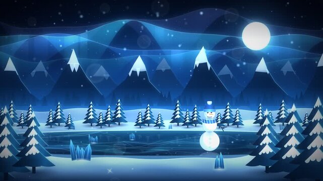 Winter landscape aurora borealis night sky snowfall mountains pine trees loop